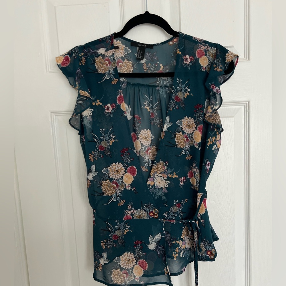 Gorgeous Dark Teal Patterned Sheer Wrap Top